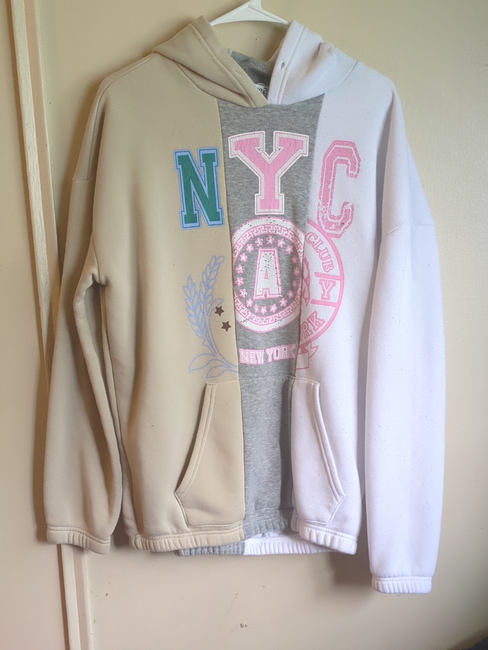 Rue21 Two-Tone NYC Hoodie in Cream, Gray, Pink & Teal